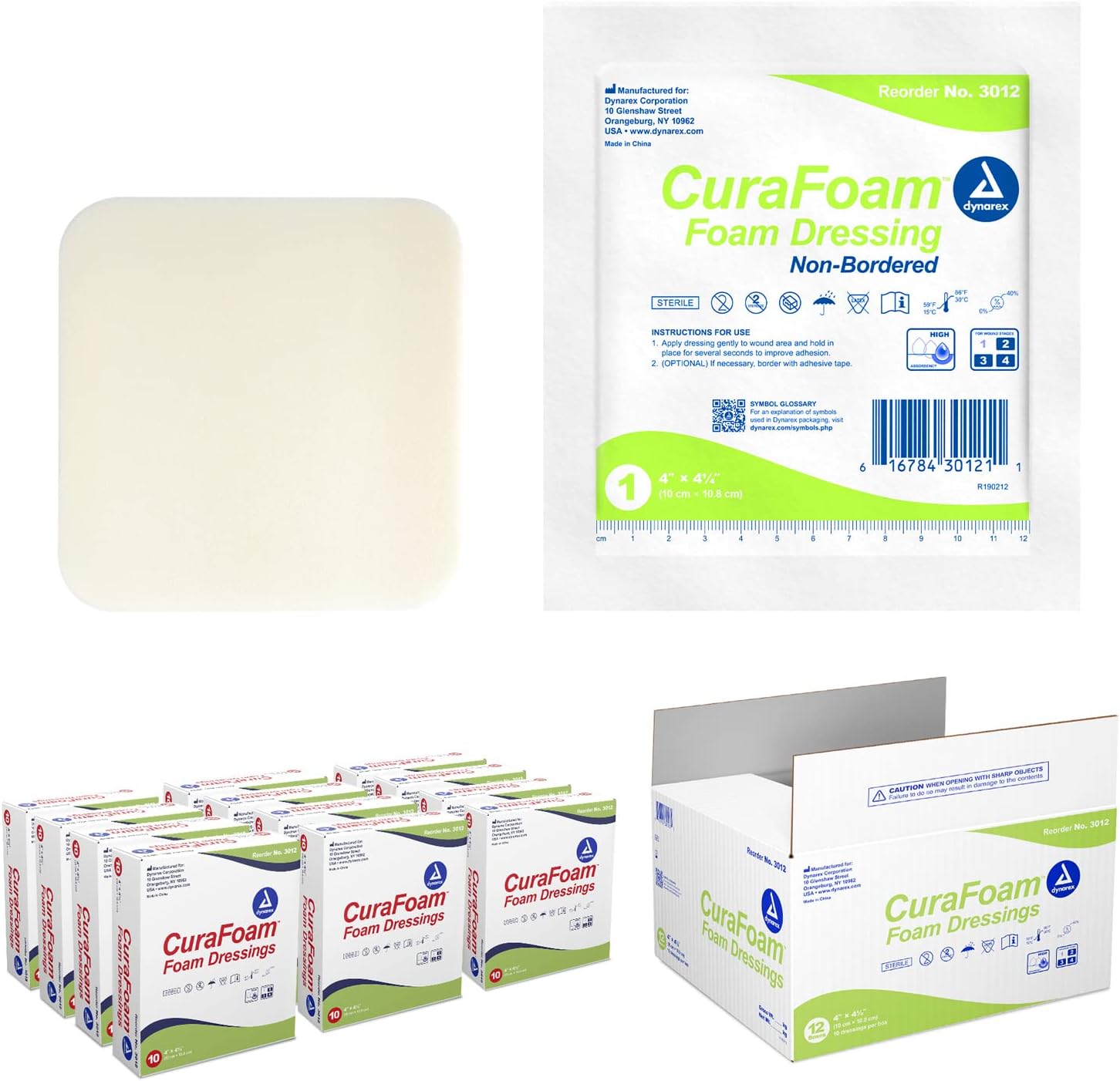 Dynarex Curafoam Foam Dressing, Non-Bordered, Sterile, Provides Cushioned And Moist Wound Care, 4" X 4.25", Pack Of 120