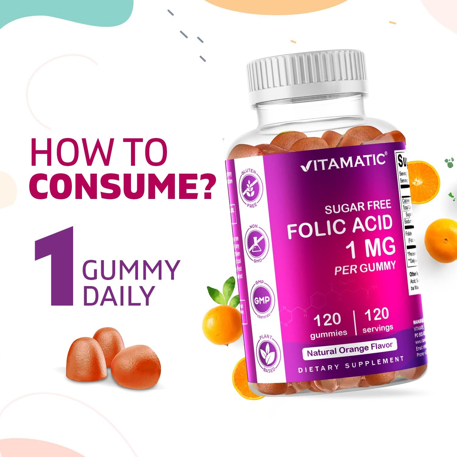 2 Pack Vitamatic Folic Acid Gummies 1000 mcg (1 mg) - an Essential Prenatal Vitamins for Mom & Baby - Vitamin B9 - 120 Vegan Gummies : Health & Household