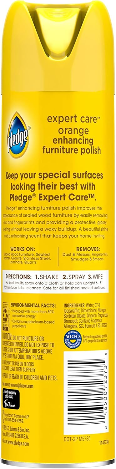 Pledge Expert Care Furniture Polish Spray, Works On Wood, Granite, And Leather, Shine And Protect Furniture Cleaner, Orange, 9.7 Oz, Pack Of 3