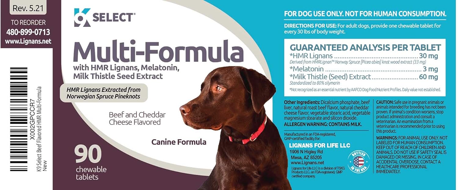 K9 Select Multi-Formula Dog Vitamins with 30mg HMR Lignans, 3mg Melatonin for Large Dogs, 60mg Milk Thistle - 90 Tablets - Pet Melatonin for Dogs, Beef Flavor : Pet Supplies