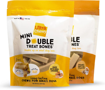 Ultra Chewy Mini Double Treat Bones: Long-Lasting Dog Treats Made in USA, Highly Digestible, Ideal for Aggressive Chewers 9oz (Peanut Butter and Chicken Flavor, 2 Packs)