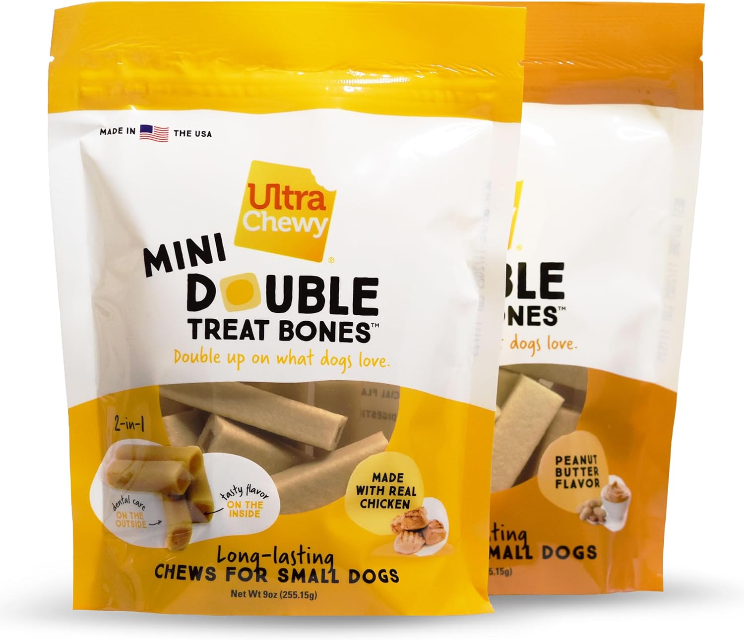 Ultra Chewy Mini Double Treat Bones: Long-Lasting Dog Treats Made In Usa, Highly Digestible, Ideal For Aggressive Chewers 9Oz (Peanut Butter And Chicken Flavor, 2 Packs)