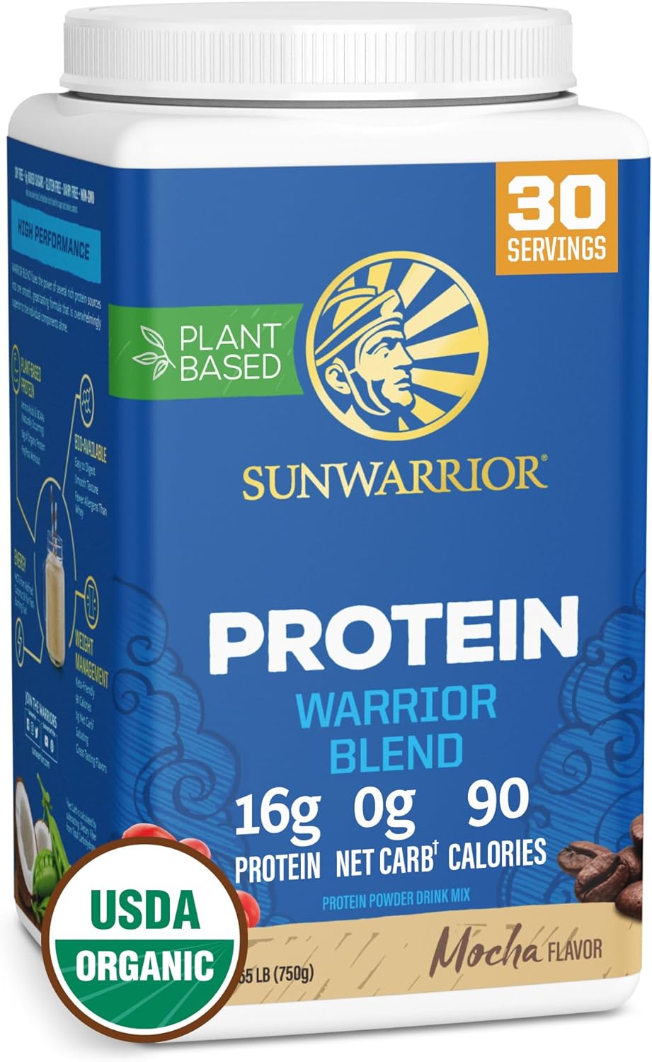 Vegan Protein Powder With Bcaa | Organic Hemp Seed Protein Gluten Free Non-Gmo Dairy Free Soy Sugar Free Low Carb Plant Based Protein Powder | Mocha 30 Srv 750 G | Warrior Blend By Sunwarrior