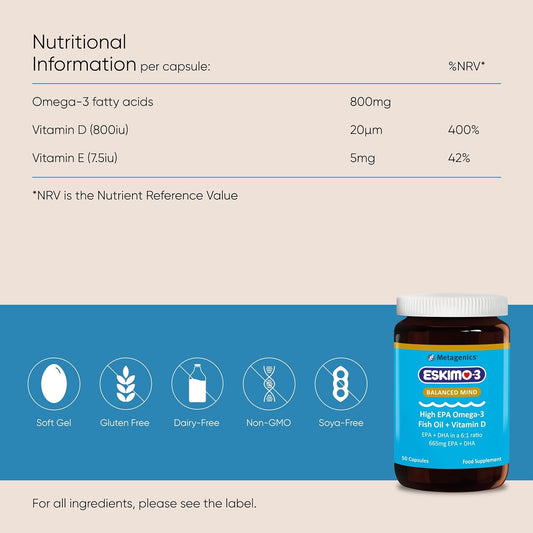 Eskimo Balanced Mind By Metagenics - High Epa Omega-3 Fish Oil + Vitamin D - Mood Support - 50 Capsules