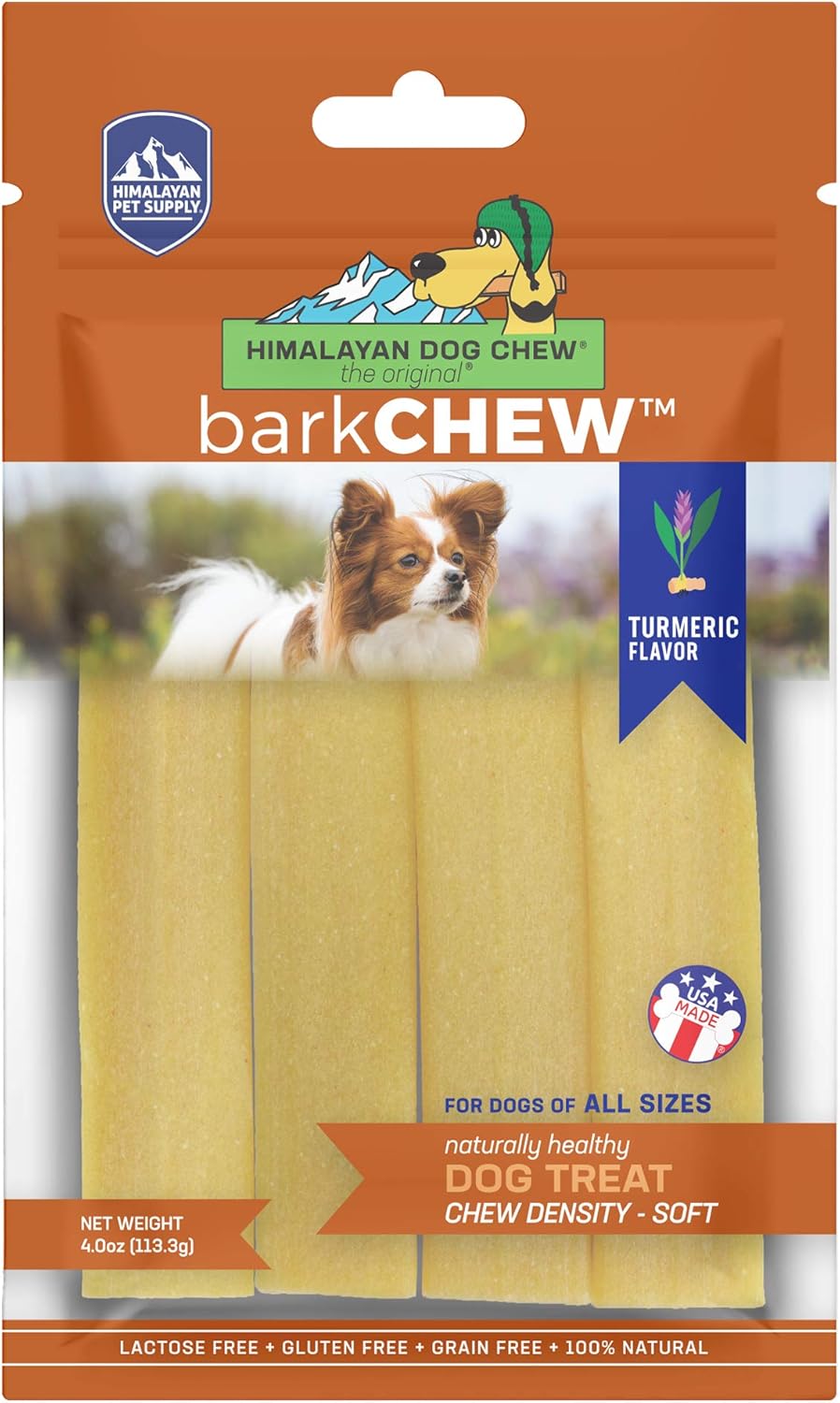 Himalayan Dog Chew Yak Cheese Dog Chews, 100% Natural, Long Lasting, Gluten Free, Healthy & Safe Dog Treats, Lactose & Grain Free, Protein Rich, Medium, Turmeric, 6 Chews Per Pouch 3.3 Oz