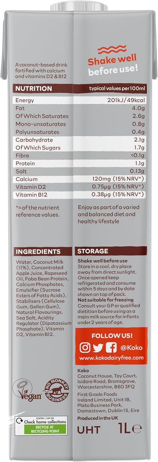 Koko Barista 12 X 1L | Foamable Delicious Plant Based Barista Milk | Ambient Long Life | Allergen Free | Healthy & Vegan | Sustainably Grown, Farmed And Produced | No Monkey Business