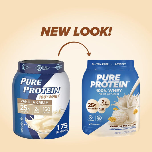 Pure Protein Powder, Whey, High Protein, Low Sugar, Gluten Free, Vanilla Cream, 1.75 Lbs