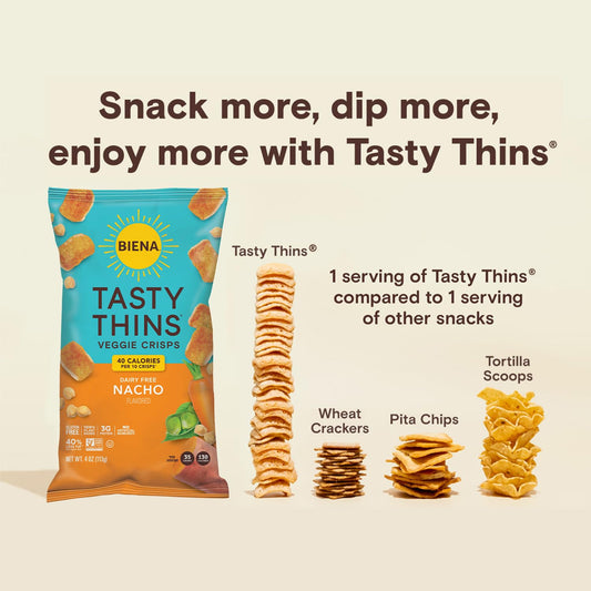 BIENA Tasty Thins Veggie Chips – Nacho, 4-Pack, 4 oz Bags – Chickpeas & Veggies, Vegan, Gluten Free, Dairy-Free, Non-GMO, Allergy-Friendly, Healthy Snacks for Adults and Kids