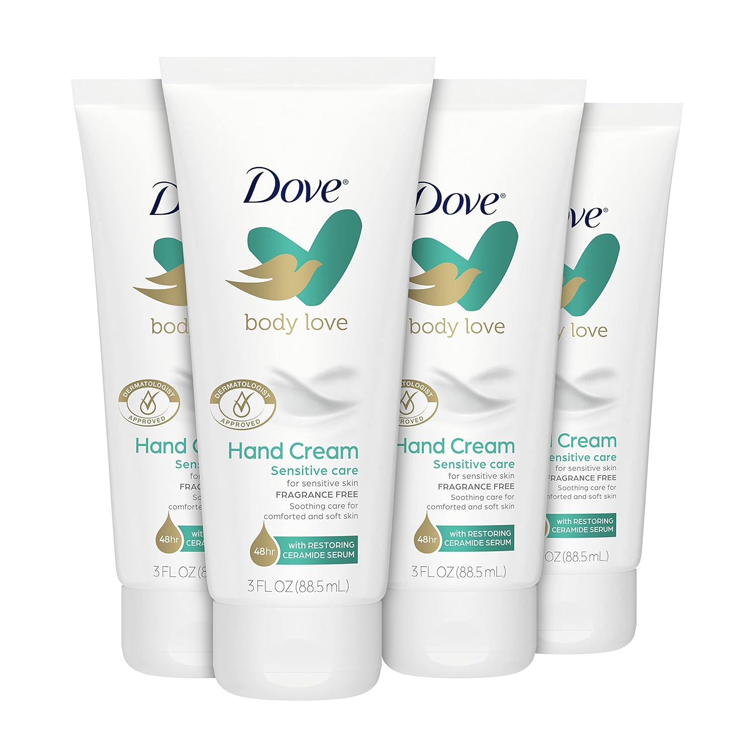 Dove Body Love Hand Cream Sensitive Skin 4 Ct Fragrance-Free Soothes And Comforts Rough, Dry Skin 3 Oz