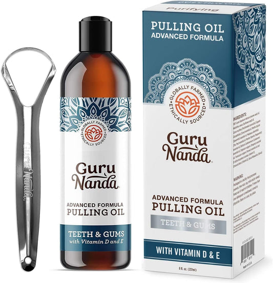 Gurunanda Advanced Formula Oil Pulling (8Fl. Oz) With Tongue Scraper And Coconut Oil Pulling- Coconut And Peppermint Oil Pulling (8Fl. Oz) For Healthyteeth & Gums- Helps With Bad Breath