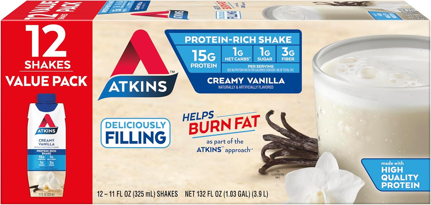 Atkins Creamy Vanilla High Protein Shake, 15G Protein, Low Glycemic, Low Carb And Low Sugar Shakes, Keto Friendly, 12 Vanilla Flavored Protein Shakes