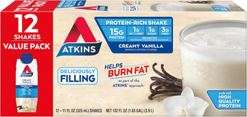 Atkins Creamy Vanilla High Protein Shake, 15G Protein, Low Glycemic, Low Carb And Low Sugar Shakes, Keto Friendly, 12 Vanilla Flavored Protein Shakes