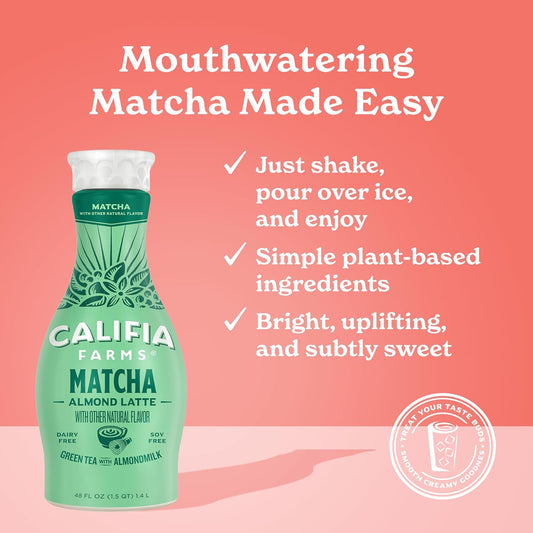 Califia Farms - Matcha Almond Latte, 48 Oz, Dairy Free, Almond Milk, Plant Based, Vegan, Gluten Free, Non Gmo, Green Tea