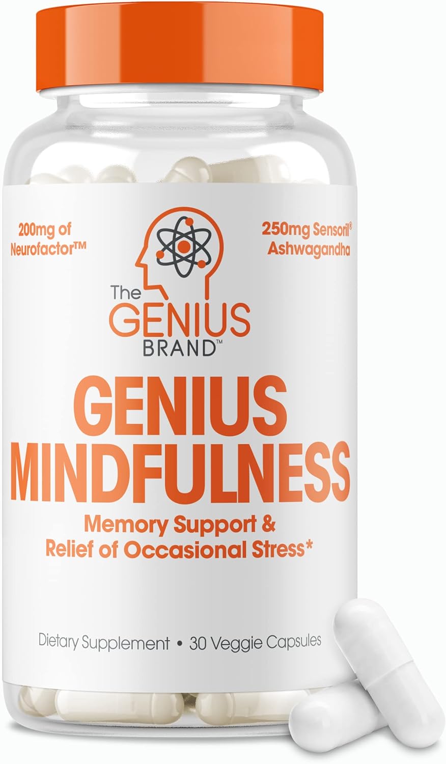 Genius Mindfulness Supplement, Nootropic Cognitive Brain Booster Enhances Memory, Focus & Energy - Natural Calming Supplement With Ashwagandha, Neurofactor, & Blueberry Extract - 30 Veggie Capsules