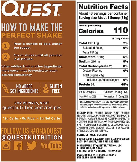 Quest Nutrition Peanut Butter Protein Powder, 23g Protein, 1g Sugar, Low Carb, Gluten Free, 3 Pound, 43 Servings