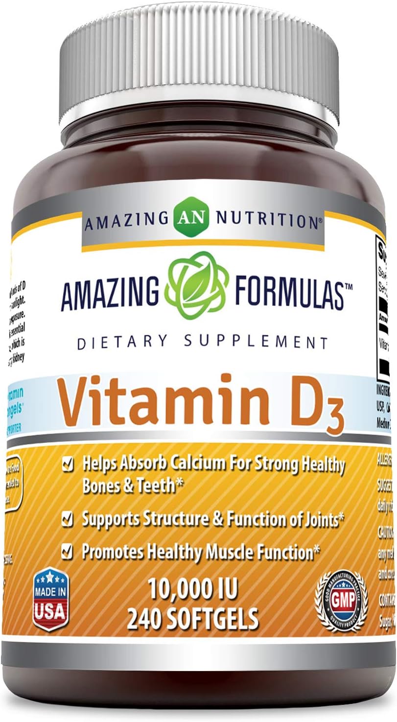 Amazing Formulas Vitamin D3 Cholecalciferol - 10,000 Iu, 240 Softgels (Non Gmo,Gluten Free) - Supports Calcium Absorption - Essential For Bone Health - Supports Healthy Immune Function