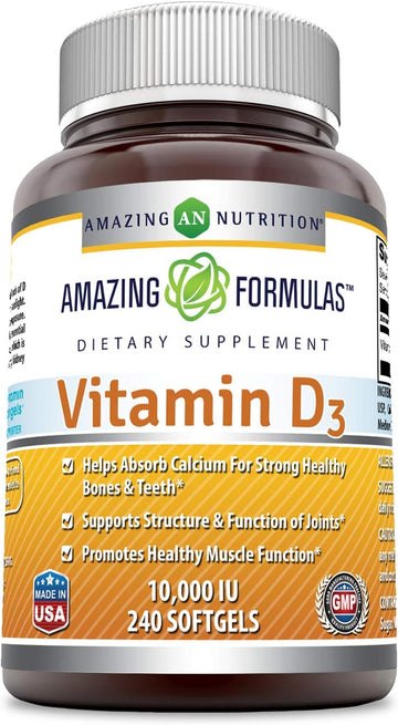 Amazing Formulas Vitamin D3 Cholecalciferol - 10,000 Iu, 240 Softgels (Non Gmo,Gluten Free) - Supports Calcium Absorption - Essential For Bone Health - Supports Healthy Immune Function