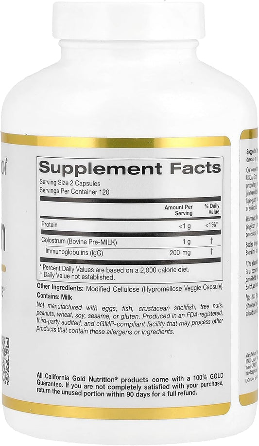 Colostrum By California Gold Nutrition - Concentrated Bovine Pre-Milk Supplement Featuring Immunoglobulins - Immune Support - Gluten Free, Non-Gmo, No Antibiotics - 240 Veggie Capsules