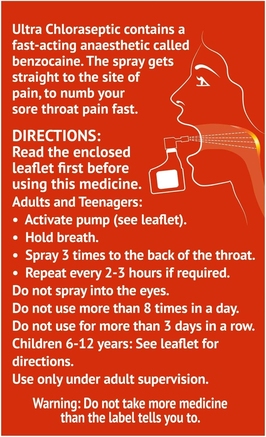 Ultra Chloraseptic Anaesthetic Throat Spray, 15ml, Honey & Lemon Flavour, fast acting relief for sore throat pain : Amazon.co.uk: Health & Personal Care