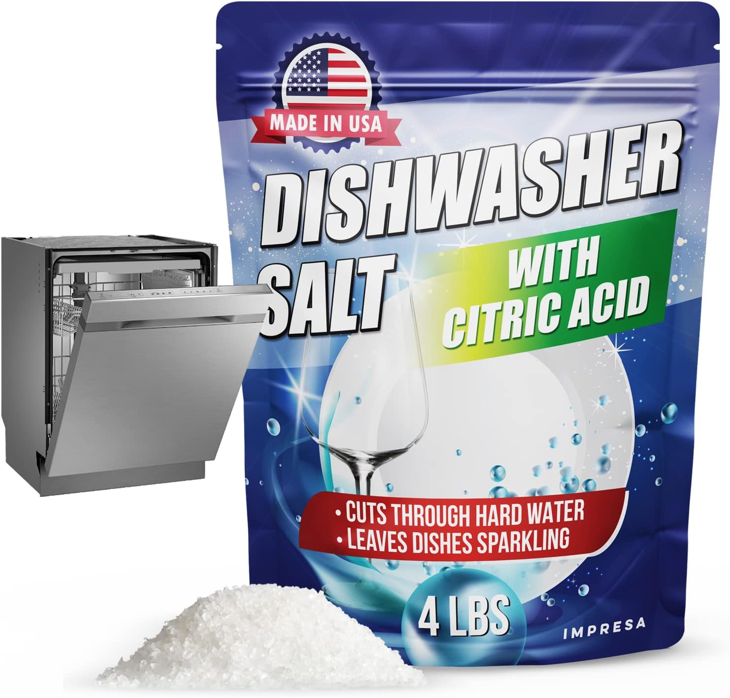 IMPRESA Dishwasher Rinse Aid with Citric Acid Cleaner - Dishwasher Salt Hard Water Stain Remover – Powerful Cleaner, Descaler, Water Softener - Detergent Booster and Hard Water Cleaner - 4LB