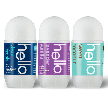 hello Roll On Deodorant Variety Pack (Lavender, Coconut, Clean & Fresh), Aluminum Free Deodorant for Women + Men, 48 Hour Non Sticky Formula, Travel Deodorant, 3 Pack, 1.69 oz Tubes