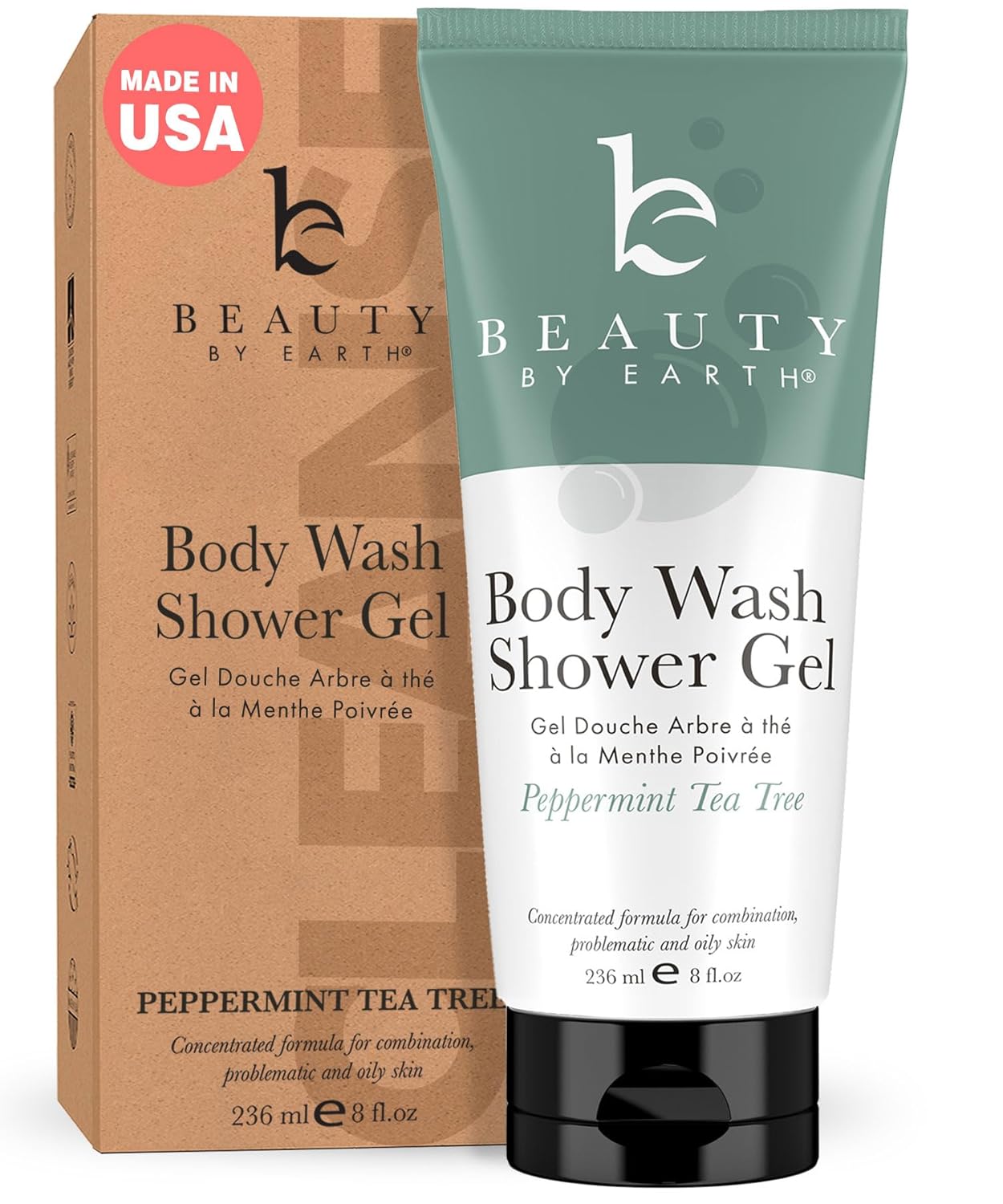 Beauty By Earth Peppermint Tea Tree Oil Shower Gel Body Wash - Made In Usa With Organic & Natural Ingredients, Mens Body Soap Liquid, Moisturizing Cleansing Gel For Men & Women, Non Toxic Body Wash