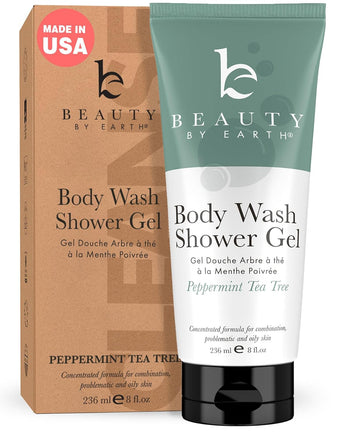 Beauty By Earth Peppermint Tea Tree Oil Shower Gel Body Wash - Made In Usa With Organic & Natural Ingredients, Mens Body Soap Liquid, Moisturizing Cleansing Gel For Men & Women, Non Toxic Body Wash