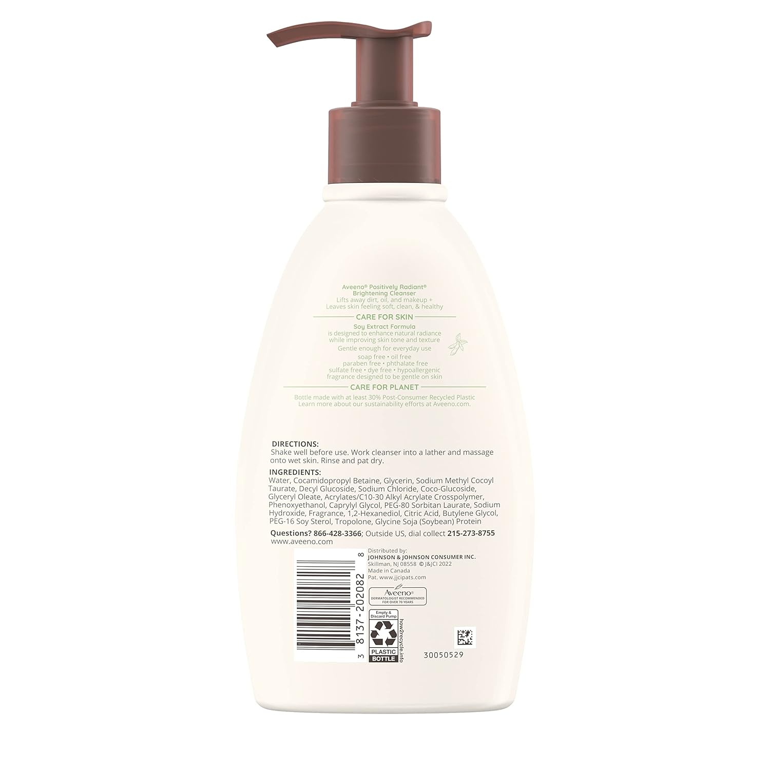 Aveeno Positively Radiant Brightening Facial Cleanser for Sensitive Skin, Targets Dull Skin, Moisture Rich Soy Extract, Non-Comedogenic, Oil- & Soap-Free, Hypoallergenic, 11 Fl. Oz : Beauty & Personal Care