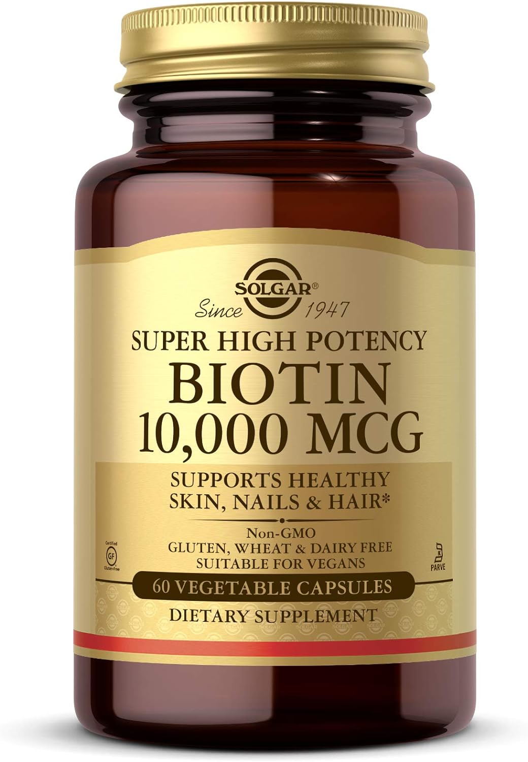 Solgar Biotin 10,000 Mcg, 60 Vegetable Capsules - Energy, Metabolism, Promotes Healthy Skin, Nails & Hair - Super High Potency - Non-Gmo, Vegan, Gluten Free, Dairy Free, Kosher - 60 Servings