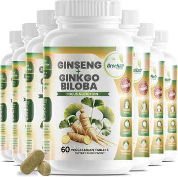 Ginko Biloba & Panax Ginseng Supplement - Red Ginseng Brain Supplement For Memory And Focus - Ginkgo Biloba Supplements For Good Vision, Immune System And Improved Blood Flow - 12 Bottles