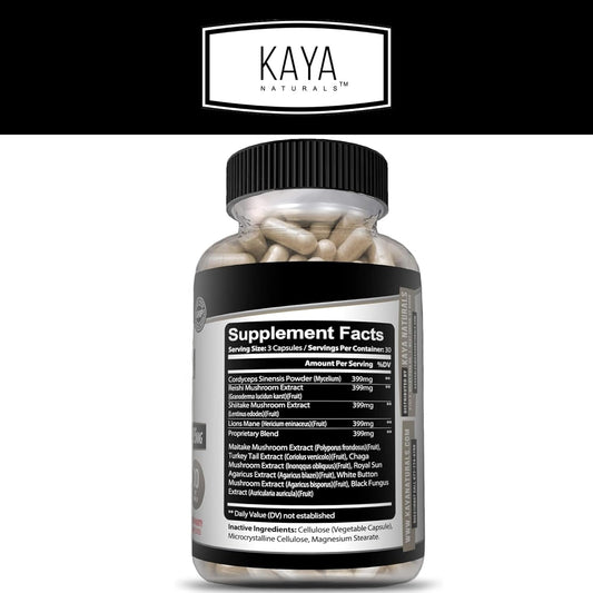 Kaya Naturals Premium Mushroom Complex Potent | Organic Mushroom Supplement| Mushroom Complex Capsules 1995Mg Per Serving - Aids Mental Clarity Supports Immune System, Wellness & Vitality | 180 Count