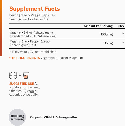 Ksm-66 Ashwagandha Root Powder Extract - Stress, Mood, & Athletic Support - 1,000 Mg Of Clinically Studied Ksm66 & Black Pepper For Maximum Absorption - 5% Withanolides - 60 Vegan Capsules