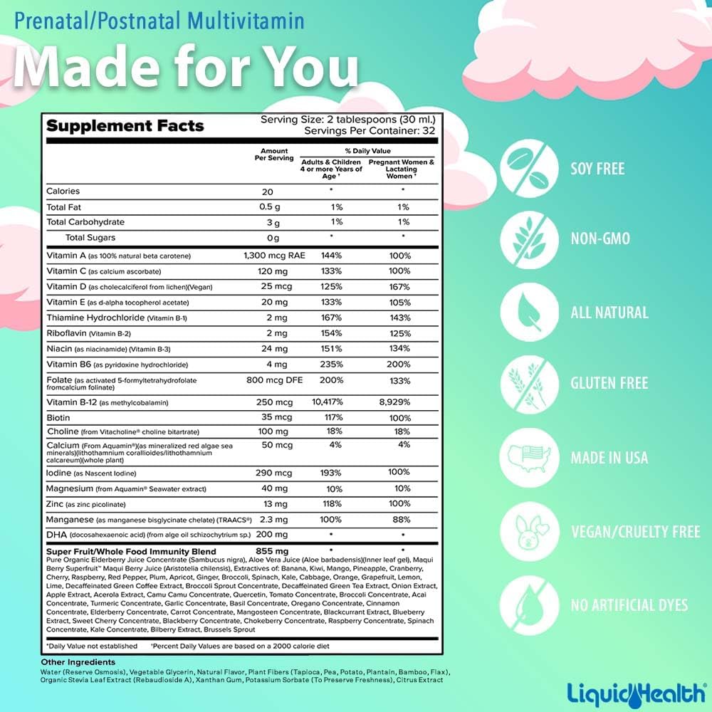 LIQUIDHEALTH Prenatal/Postnatal Multiple Liquid Women's Multivitamin with Real Folate - Pre & Postnatal Vitamins for Before, During, After Pregnancy - Vegan, Sugar-Free, Non GMO, Great Taste (32 oz) : Health & Household