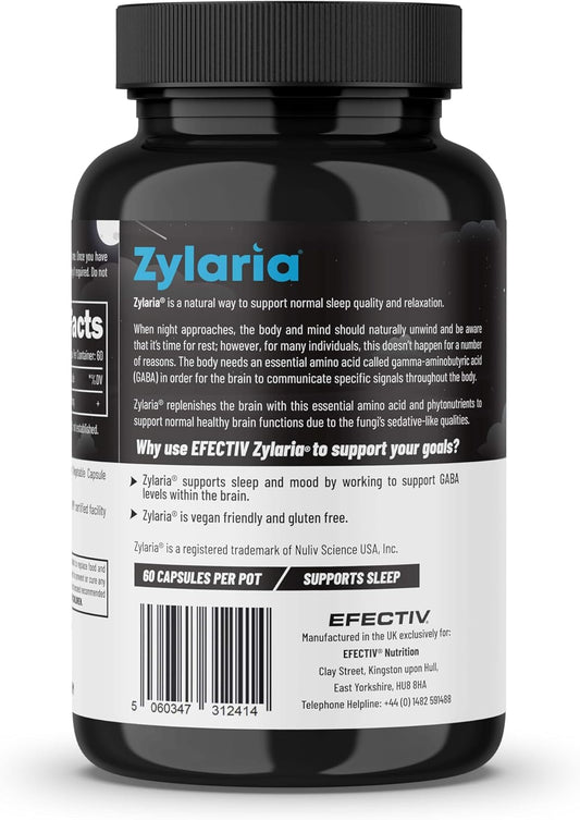 Efectiv Nutrition Zylaria Sleep Aid - 60 Capsules - Natural Equivalent To Sleeping Tablets - Promotes Better Better Night Sleep, Relaxation & Wellbeing - Vegan Friendly - 500Mg Per Capsule