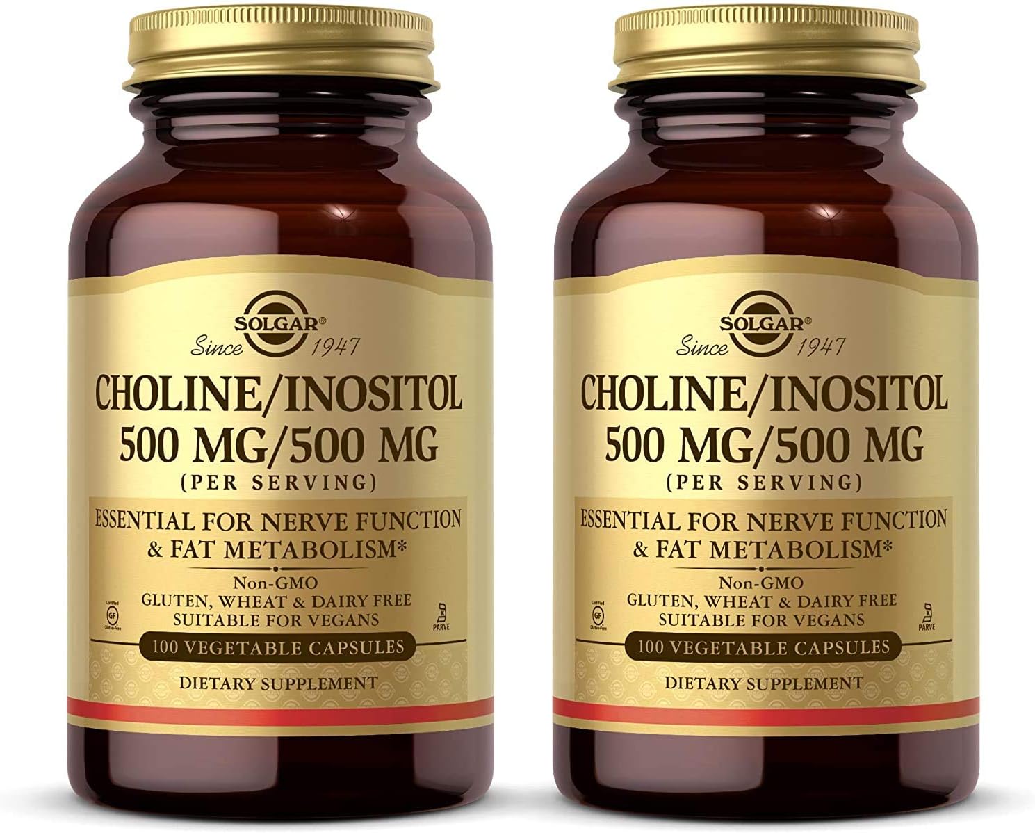 Solgar Choline/Inositol 500 Mg/500 Mg - 100 Vegetable Capsules, Pack Of 2 - Non-Gmo, Vegan, Kosher, Gluten Free, Dairy Free - 100 Total Servings