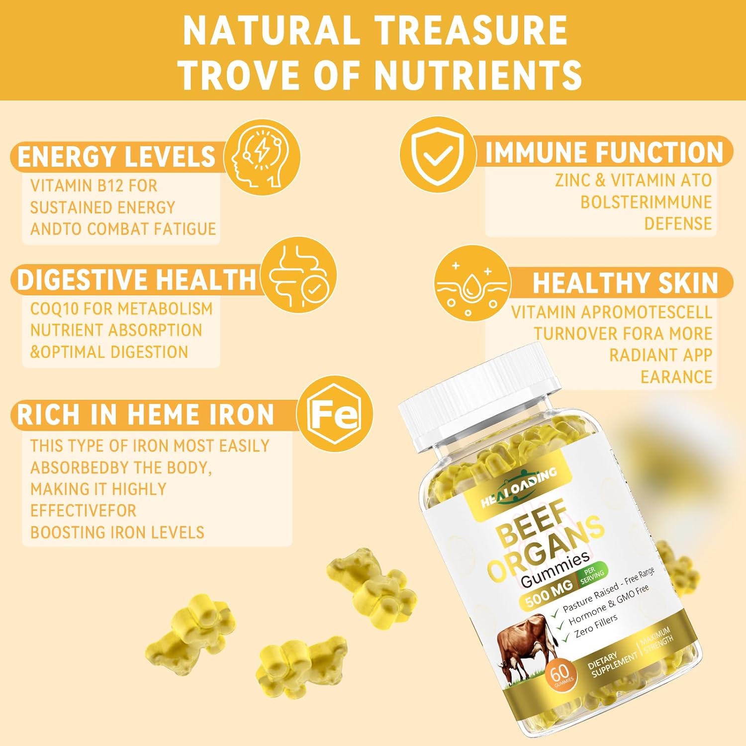 Healoading Beef Organ Supplement For Women:Grass Fed Beef Organ Gummies Supplement, Wellness With Liver Heart Kidney Pancreas Spleen Supports Women'S Overall Energy And Health Non-Gmo(60 Gummies) : Health & Household