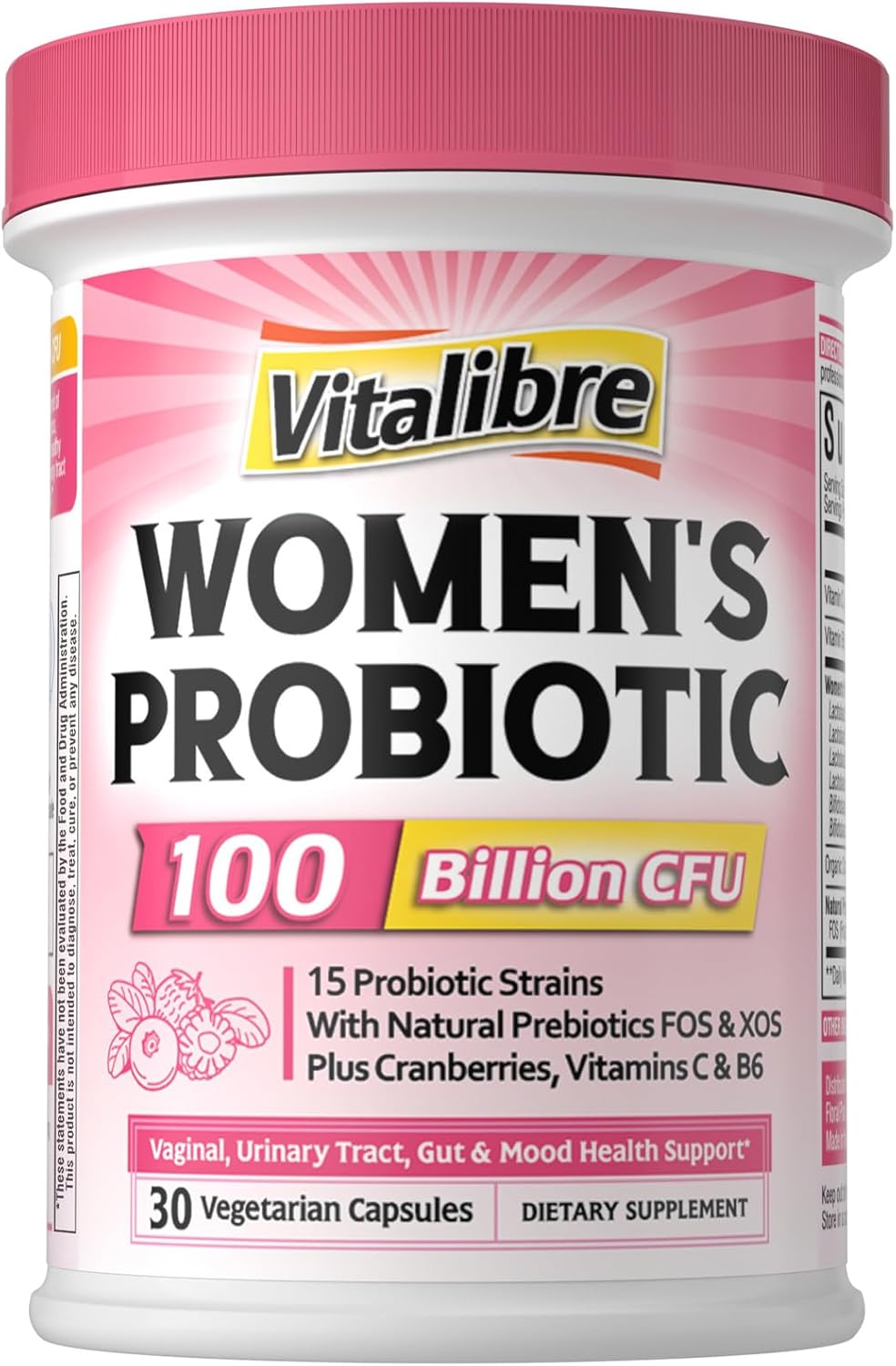 Probiotics For Women 100 Billion Cfu 15 Strains, Daily Probiotic & Prebiotic Supplement With Organic Cranberry To Support Vaginal, Digestive, Immune Health, Shelf Stable, 30 Vegan Capsules