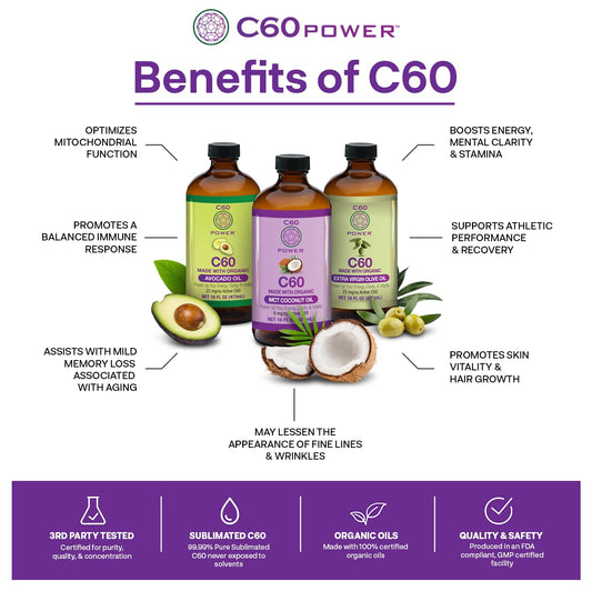 C60 Purple Power Organic Mct Coconut Oil, Organic Cold-Pressed Coconut Oil, 99.99% Pure C60 Carbon Fullerenes (16 Oz)