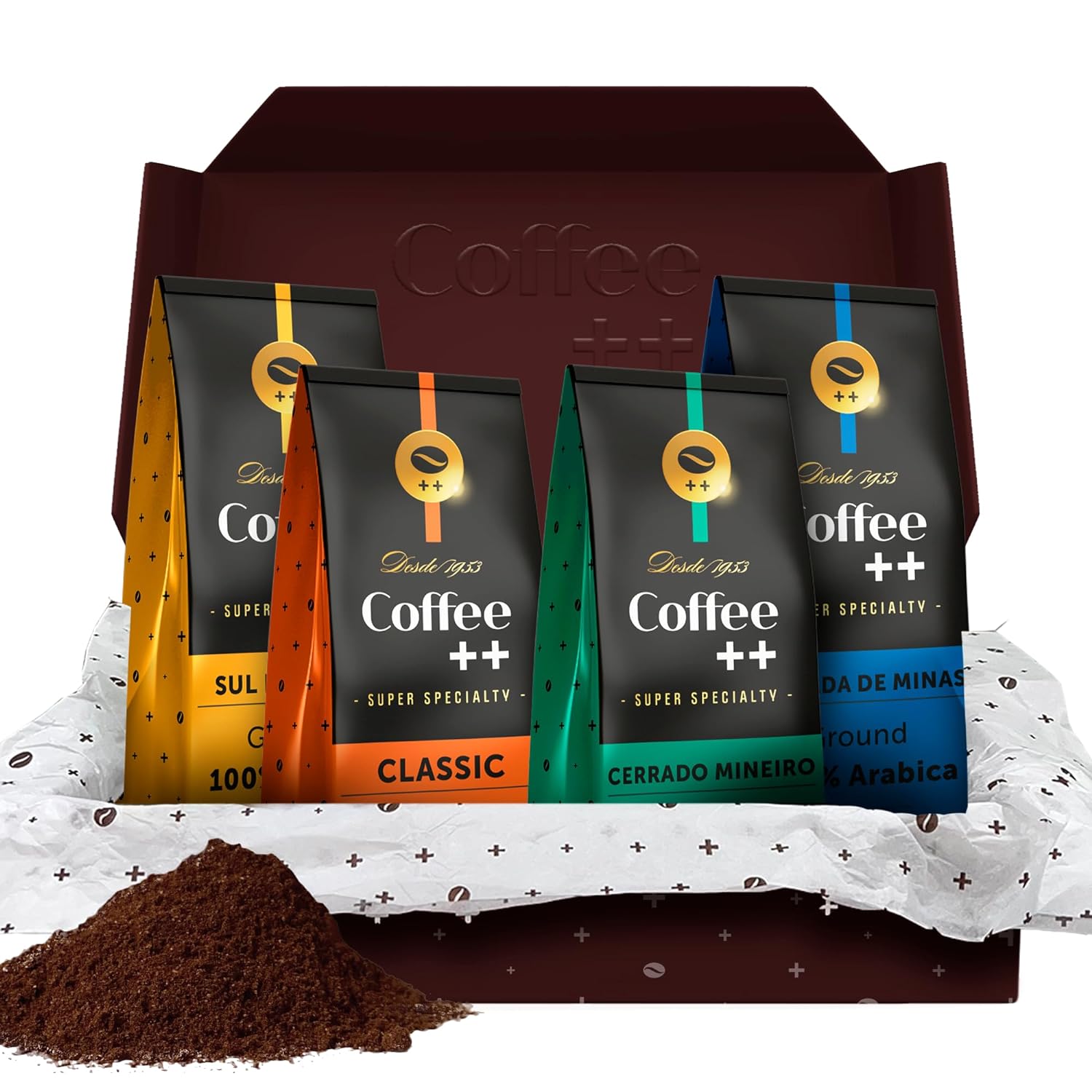 Coffee Plus Gift Set | Basket For Coffee Lovers | Gourmet Box Sampler | Medium Roast Ground Specialty Coffee | Variety Pack | Selection Of 4 Assorted Flavors X 8.8Oz | 2.2 Lbs