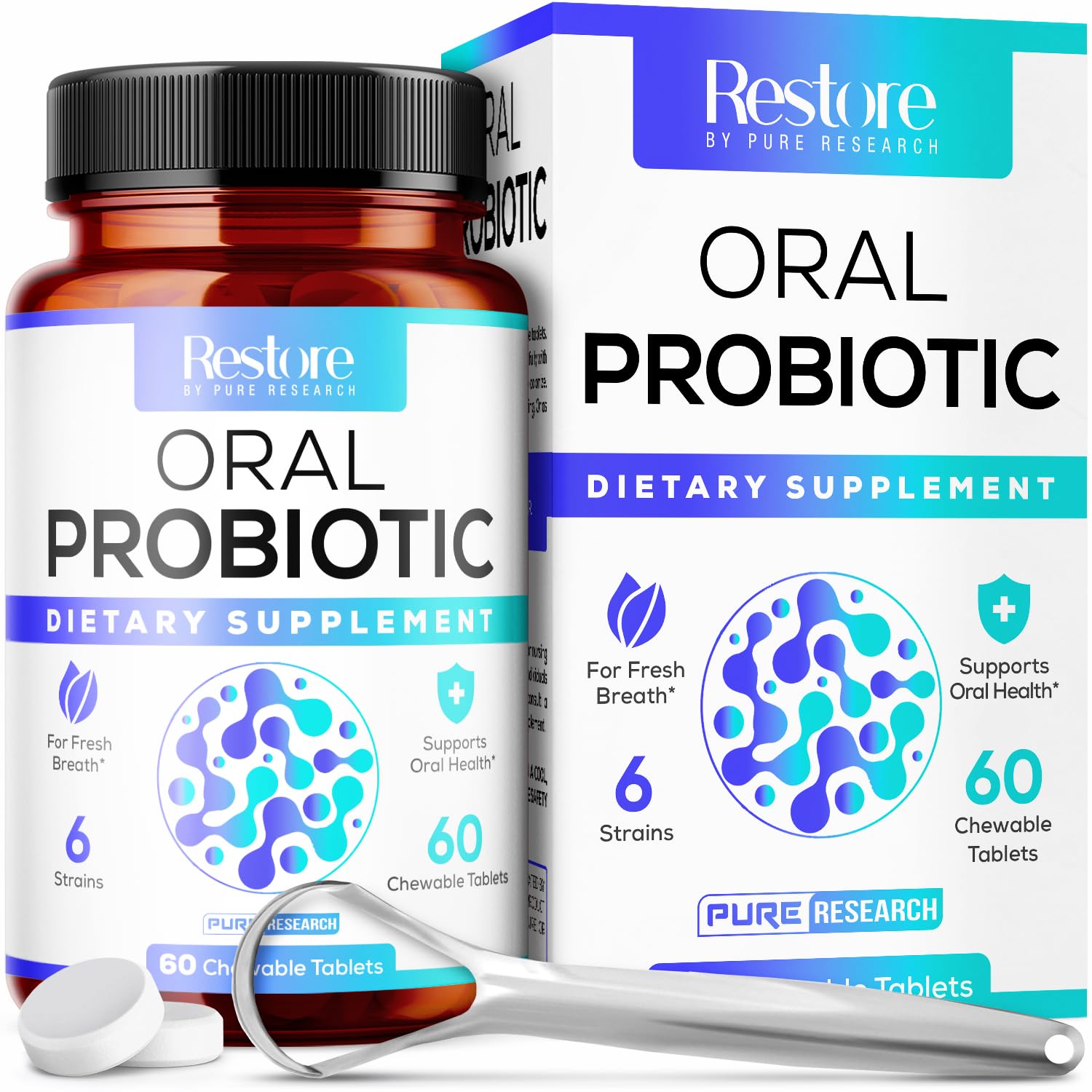 Oral Probiotics & Tongue Scraper For Bad Breath, Teeth & Gum Support - Oral Health & Fresh Breath Aid - 6 Probiotic Strains - Blis M18 - Dental Probiotic For Teeth & Gums - 60 Mint Chewables Tablets