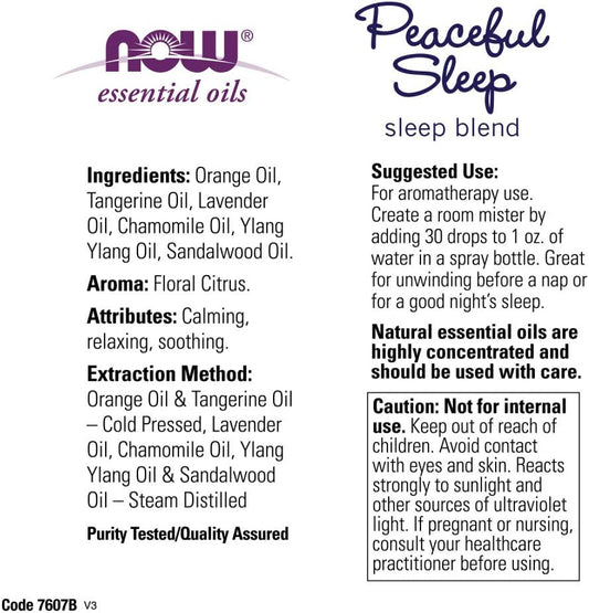 Now Essential Oils, Peaceful Sleep Oil Blend, Relaxing Aromatherapy Scent, Blend Of Pure Essential Oils, Vegan, Child Resistant Cap, 1-Ounce