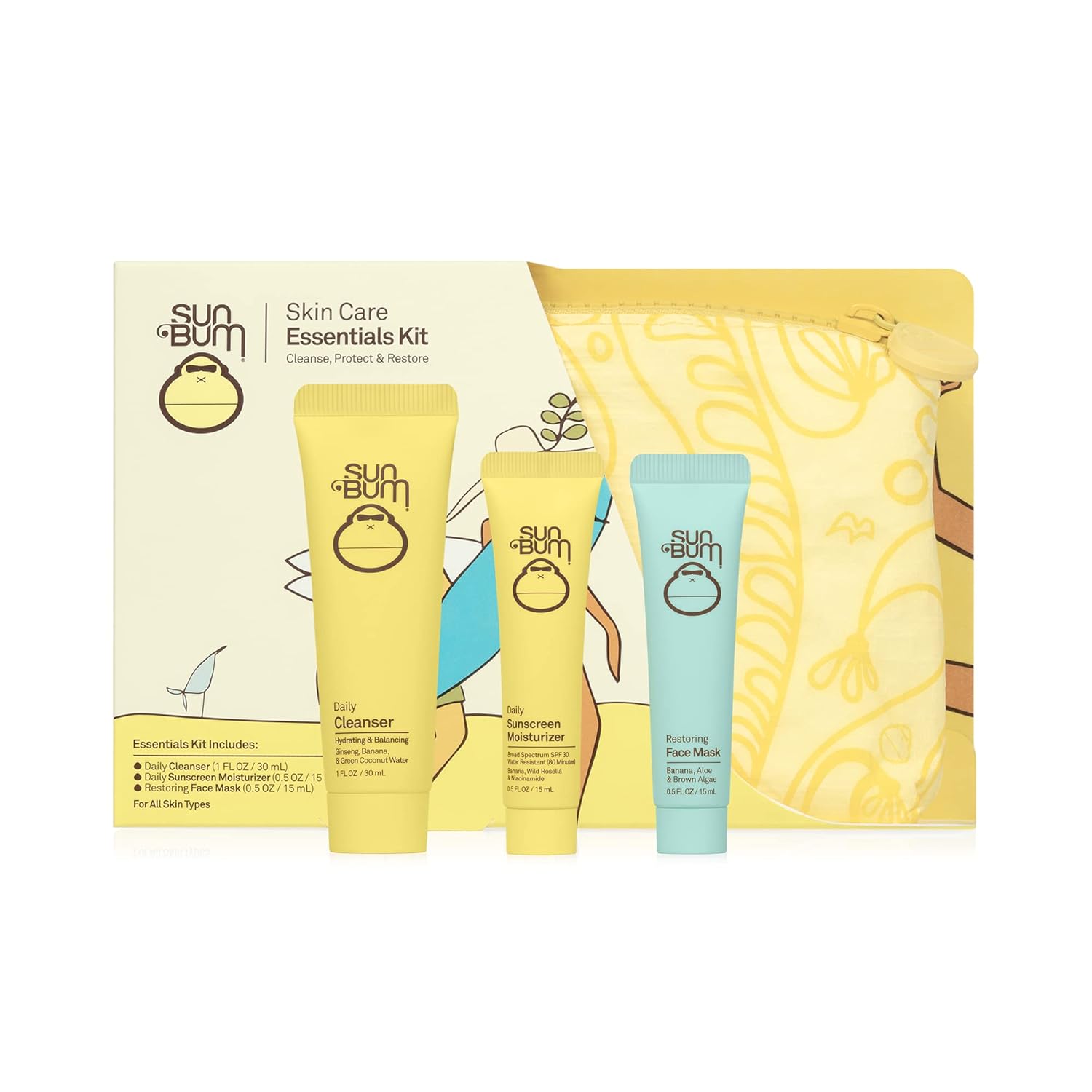 Sun Bum Skin Care Essentials Travel Kit | Cleanse, Protect, And Restore With Daily Facial Cleanser, Spf 30 Sunscreen Face Moisturizer, And Restoring Face Mask | Tsa Approved