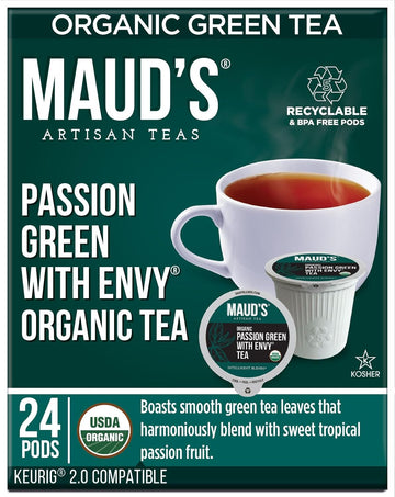 Maud'S Organic Passion Green Tea Pods, 24 Ct, Recyclable Single Serve Tea Pods – 100% Gourmet Blended Tea Leaves, Compatible With Keurig K Cups Maker