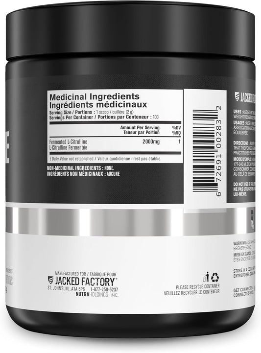 Jacked Factory L-Citrulline - Fermented L Citrulline Powder, Nitric Oxide Booster For Increased Blood Flow, Strength, & Endurance - 100 Servings, Unflavored