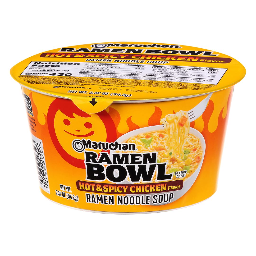 Maruchan Bowl Hot & Spicy Chicken, Microwaveable Ramen Soup Mix, 3.32 Oz, 6 Count