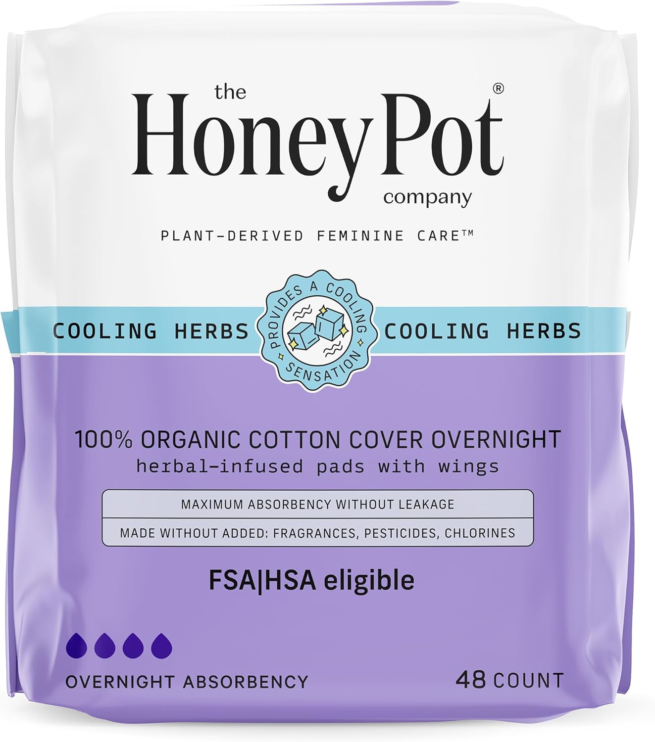 The Honey Pot Company - 48 Ct - Herbal Pads For Women - Overnight Pads W/Wings - Infused W/Essential Oils For Cooling Effect & Organic Cotton Cover - Sanitary Pads - Feminine Care - Fsa & Hsa