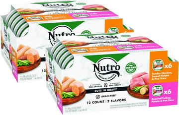 Nutro Adult Natural Grain Free Wet Dog Food Cuts In Gravy Tender Chicken, Sweet Potato & Pea Stew Recipe And Roasted Turkey, Potato & Pea Stew Recipe Variety Pack, 3.5 Oz. Trays (Pack Of 24)