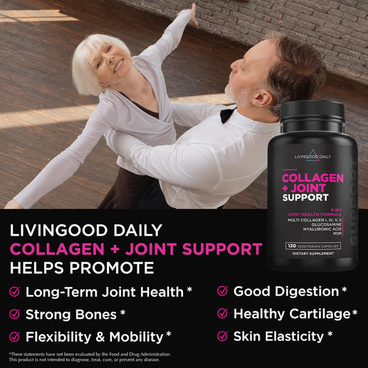 Livingood Daily Collagen Peptides + Joint Support, 120 Capsules - Multi Collagen Pills (Type I, Iii, V, X) With Hyaluronic Acid, Glucosamine, Msm & Boswellia Serrata - Collagen Supplements For Joints