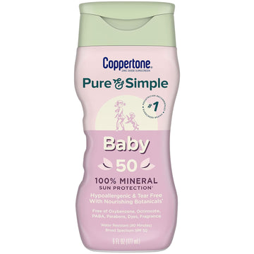 Coppertone Pure and Simple Baby Sunscreen SPF 50 Lotion, Zinc Oxide Mineral Sunscreen for Babies, Tear Free, Water Resistant, Broad Spectrum SPF 50 Sunscreen, 6 Fl Oz Bottle