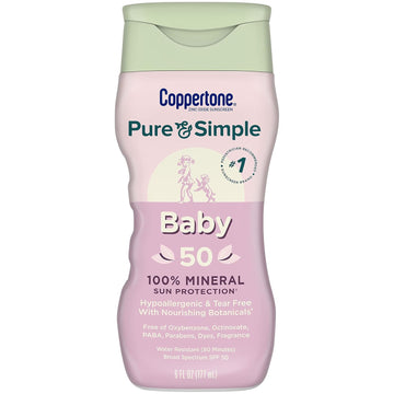 Coppertone Pure And Simple Baby Sunscreen Spf 50 Lotion, Zinc Oxide Mineral Sunscreen For Babies, Tear Free, Water Resistant, Broad Spectrum Spf 50 Sunscreen, 6 Fl Oz Bottle